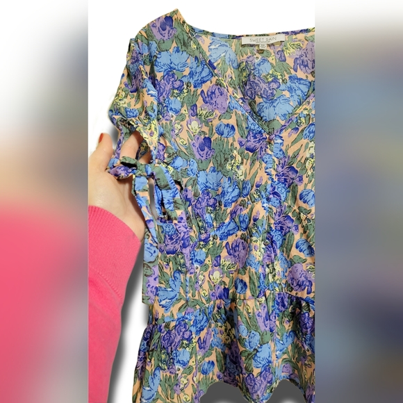🌿Sweet Rain Women's 2XL Cotton Blue Purple Tan Puff Sleeve Floral Top - Picture 7 of 12